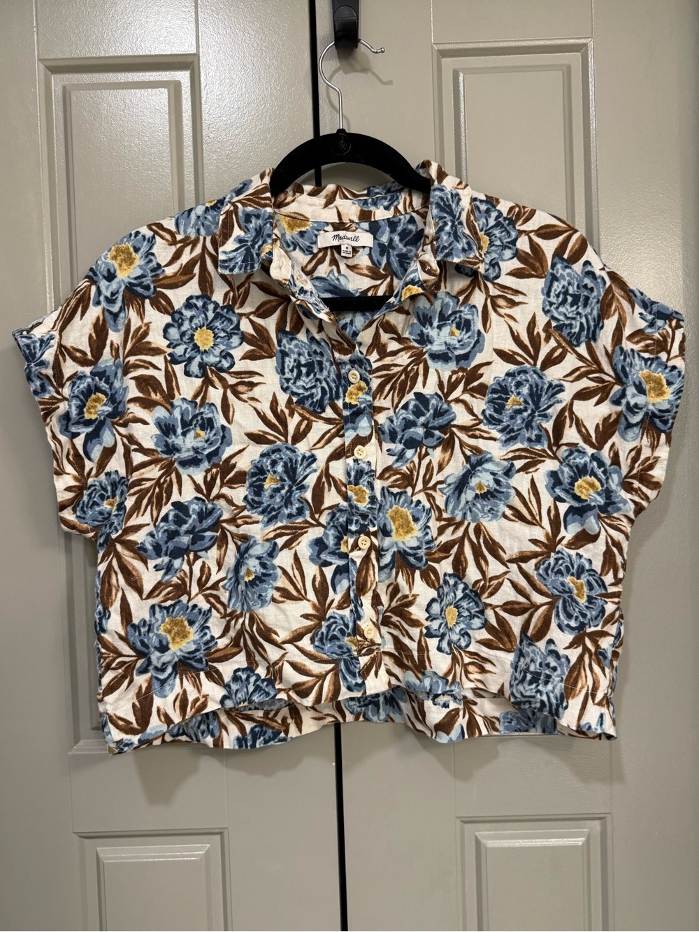 Madewell Floral 100% Linen Cropped Button-Up Shirt Size Medium Like New